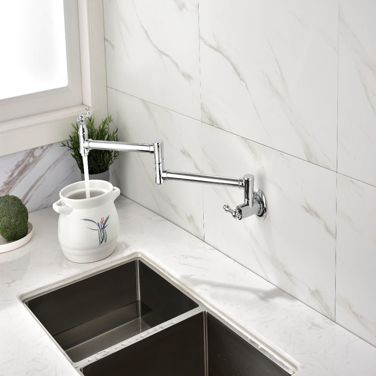 Ropilly- Wall Mount Pot Filler Faucet Brass Double Handle Swivel Arm Kitchen Faucet- Chrome