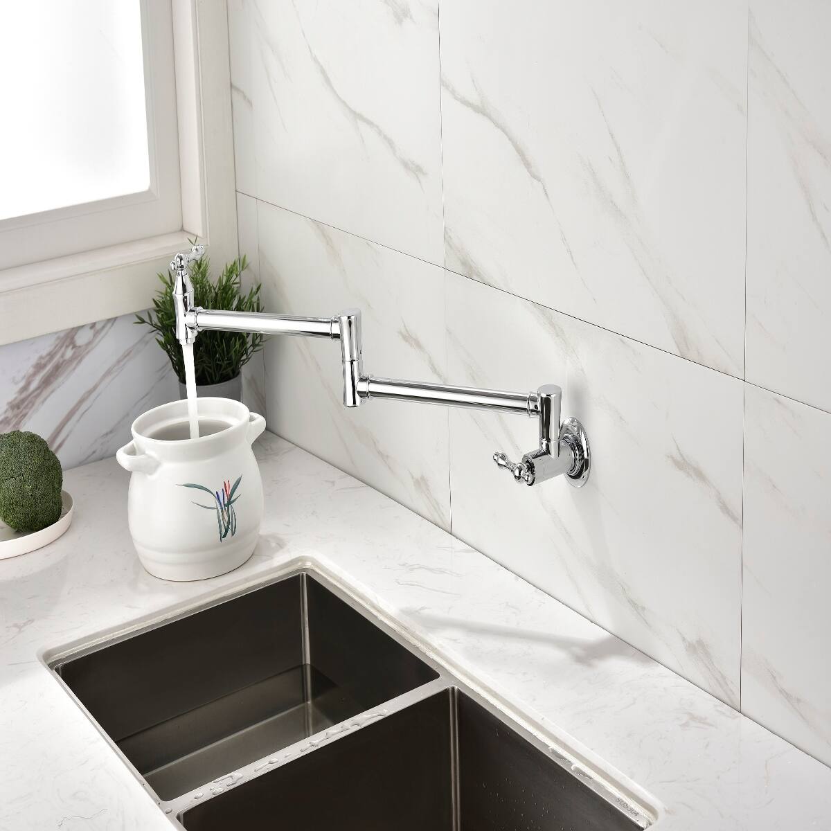 Front. Ropilly - Ropilly Wall Mount Pot Filler Faucet Chrome Brass Double Handle Swivel Arm Kitchen Faucet - Chrome.