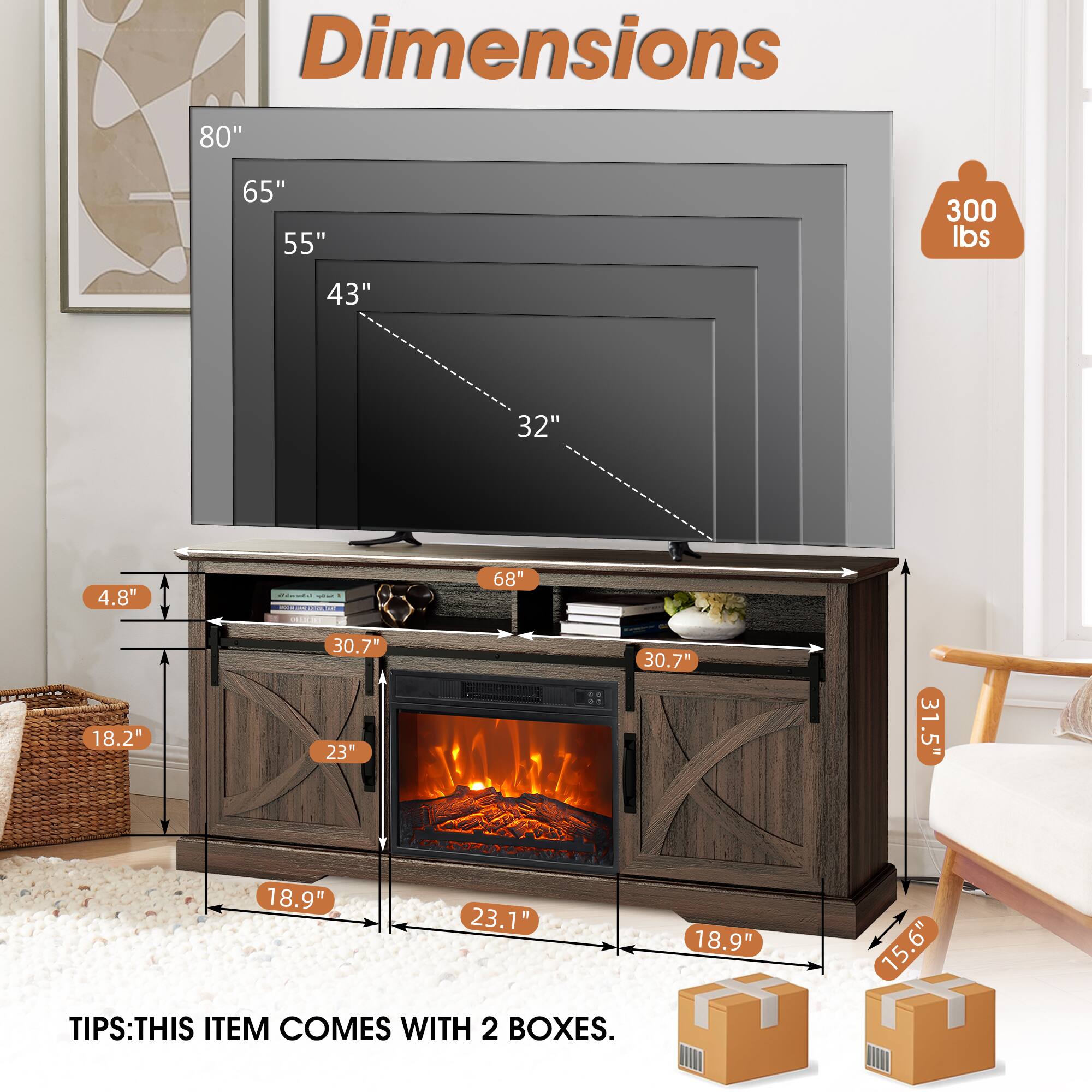 Dimensions:  
- 80"  
- 65"  
- 55"  
- 43"  
- 32"  
- 4.8"  
- 68"  
- 18.2"  
- 30.7"  
- 23"  
- 30.7"  
- 31.5"  
- 18.9"  
- 23.1"  
- 18.9"  
- 15.6"  

Weight: 300 lbs  

Tips: This item comes with 2 boxes.