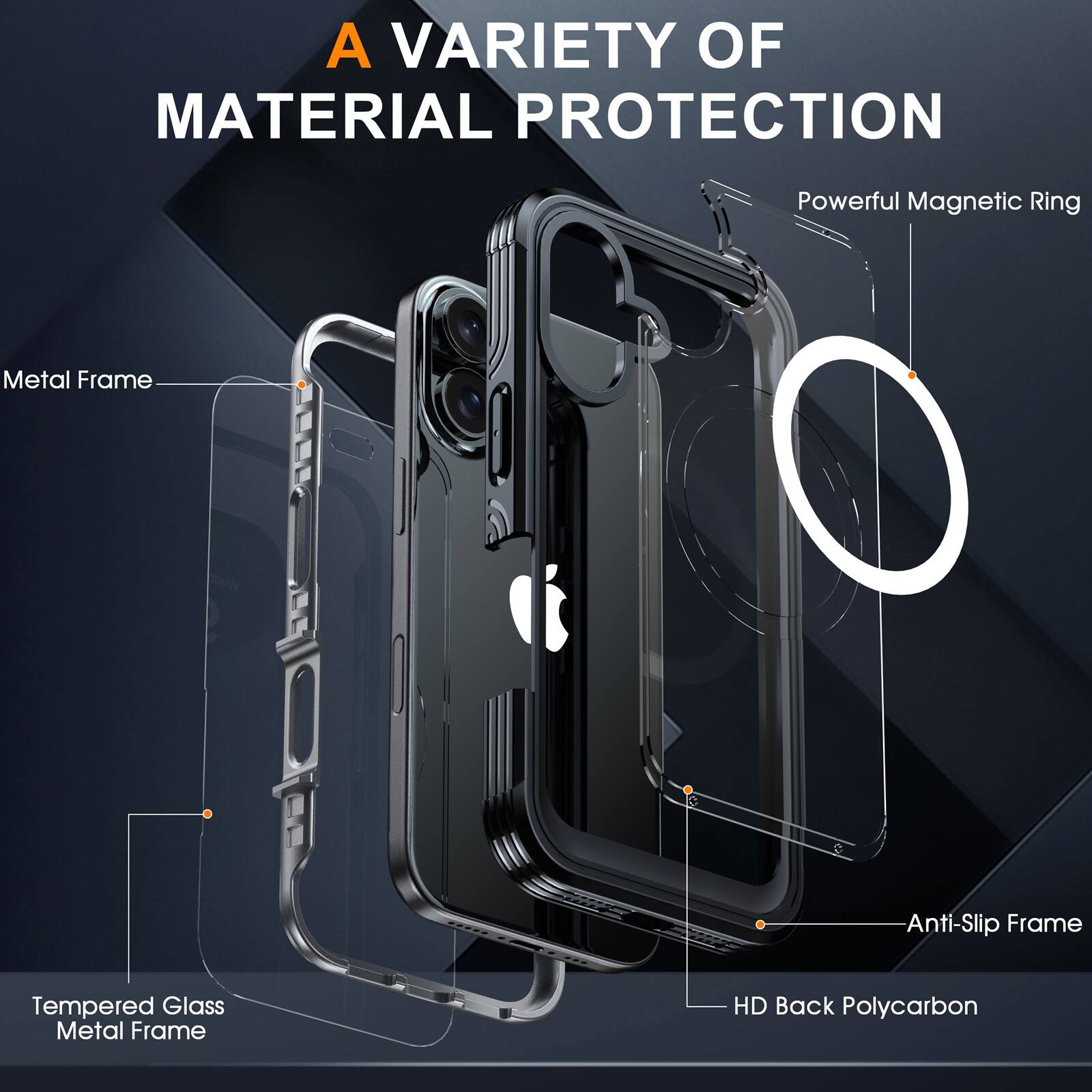 A VARIETY OF MATERIAL PROTECTION

- Powerful Magnetic Ring
- Metal Frame
- Tempered Glass Metal Frame
- Anti-Slip Frame
- HD Back Polycarbon