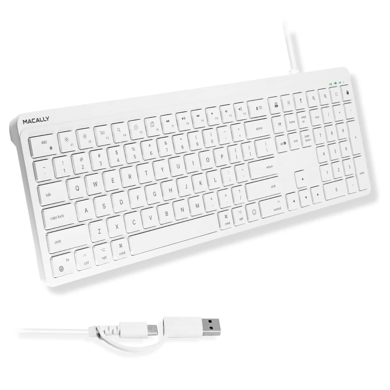 Macally - Mac Wired Keyboard USB C + A (Dual Plug) - Simplicity for All Apple Devices - Full 107 Keys, 22 Shortcuts - White