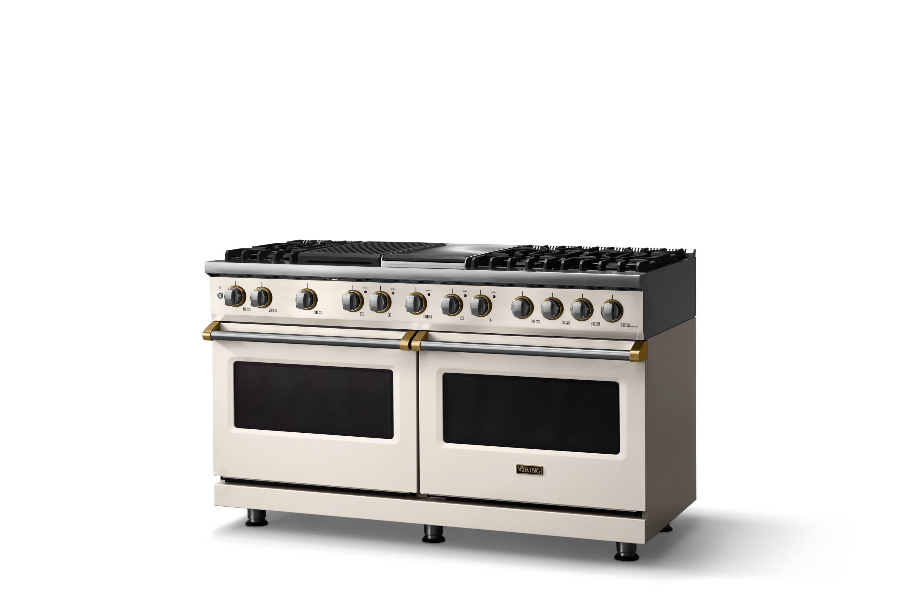 Angle. Viking - 60 in. Wide 8 Burner Pro 5 Series 9.4 Cu. Ft. Freestanding Sealed Dual Fuel Convection Range with Brushed Brass Trim - Pure White.