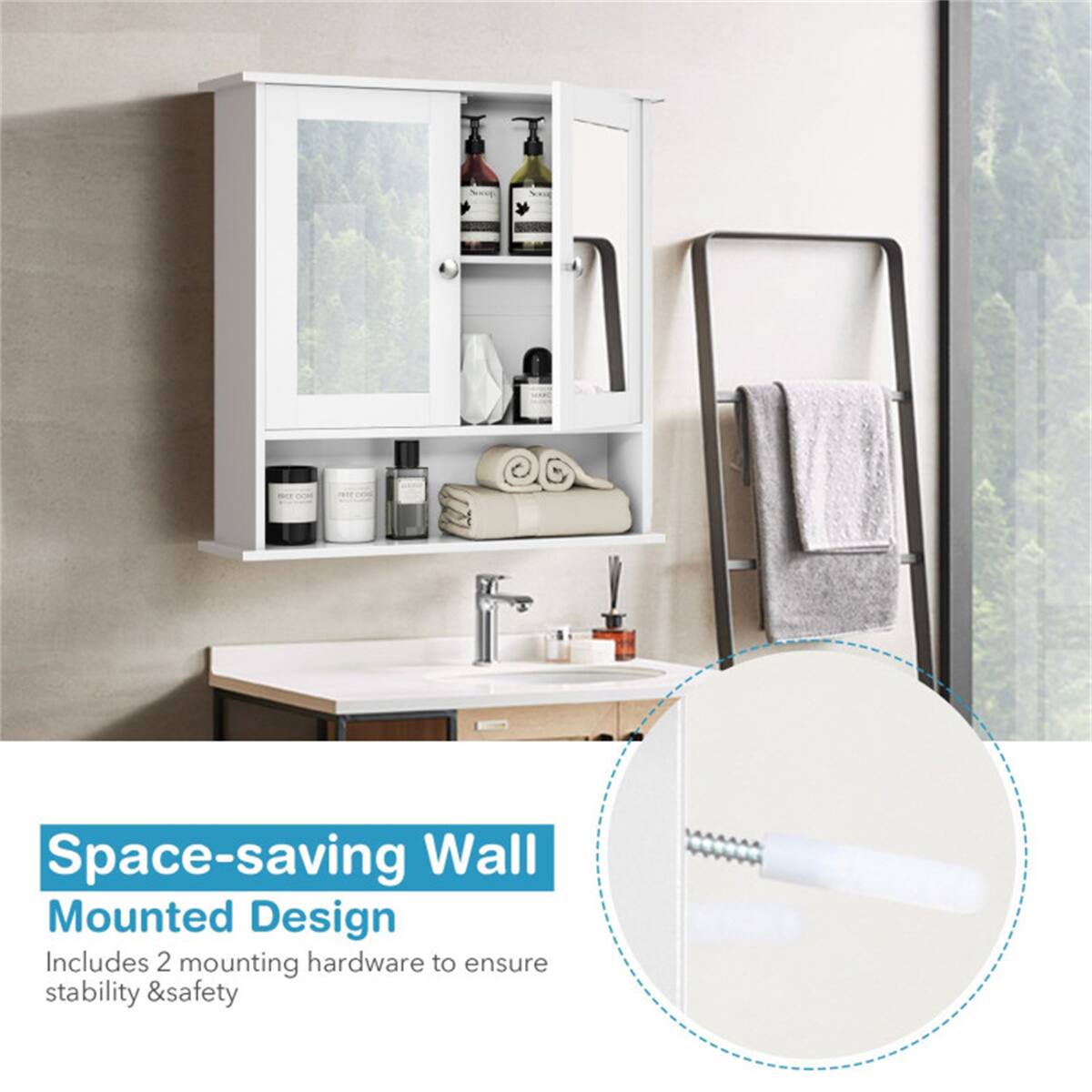 Space-saving Wall Mounted Design  
Includes 2 mounting hardware to ensure stability & safety