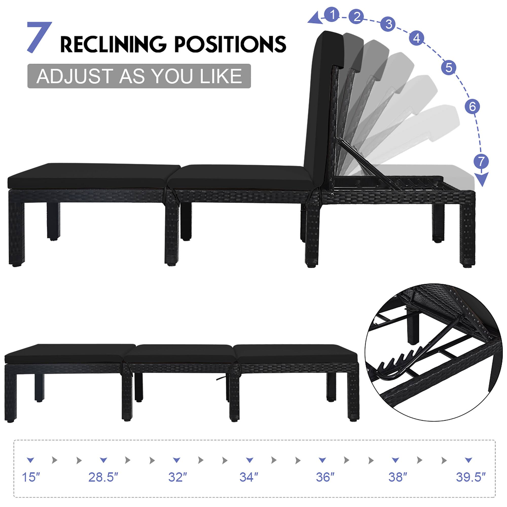 7 Reclining Positions Adjust as You Like:

1. 15"
2. 28.5"
3. 32"
4. 34"
5. 36"
6. 38"
7. 39.5"