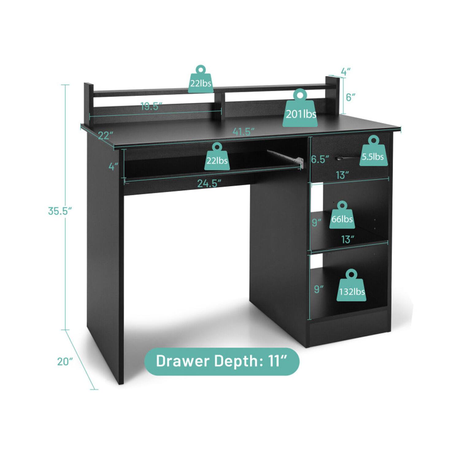 22"  
19.5"  
22lbs  
41.5"  
201lbs  
4"  
6"  
4"  
22lbs  
24.5"  
6.5"  
13"  
5.5lbs  
35.5"  
9"  
66lbs  
13"  
9"  
132lbs  
20"  
Drawer Depth: 11"