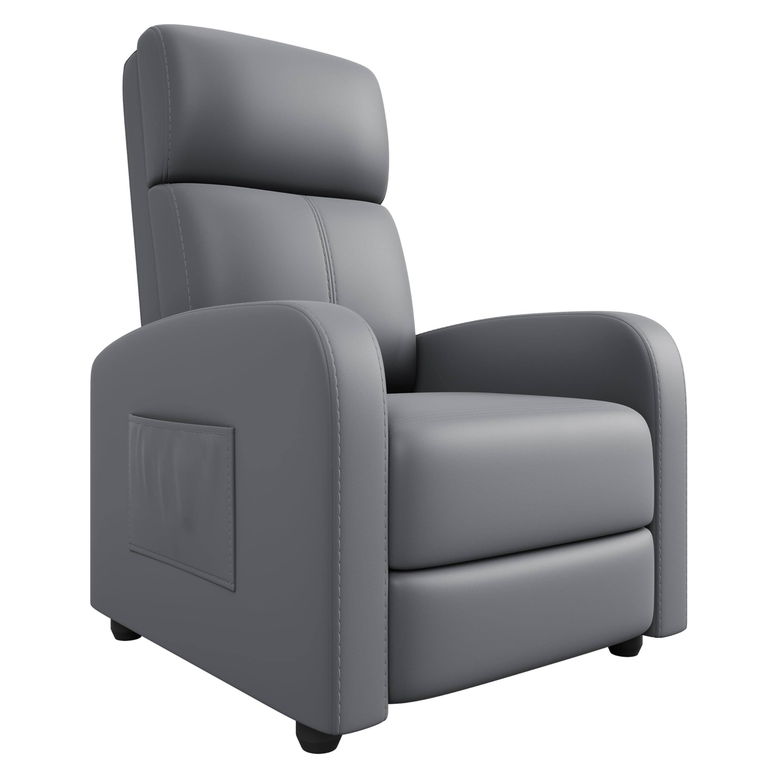 Front. Babevy - Recliner Chair, PU Leather Lazy Single Recliner Armchair with Side Pocket, Tall Back, Wide Arms - Grey.