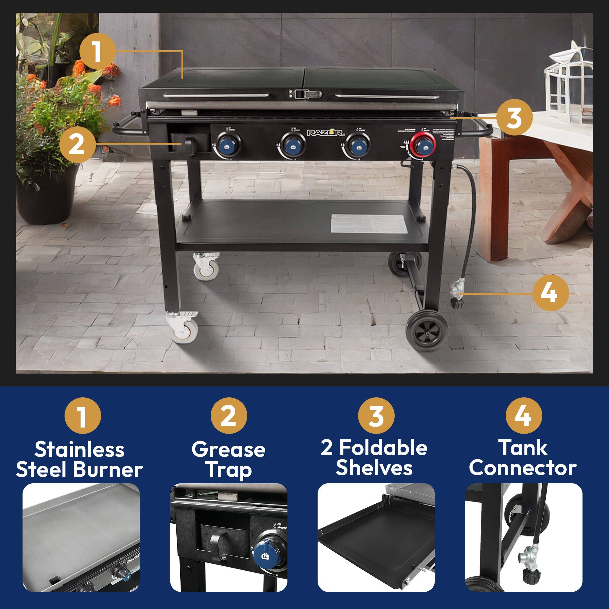 1. Stainless Steel Burner  
2. Grease Trap  
3. 2 Foldable Shelves  
4. Tank Connector