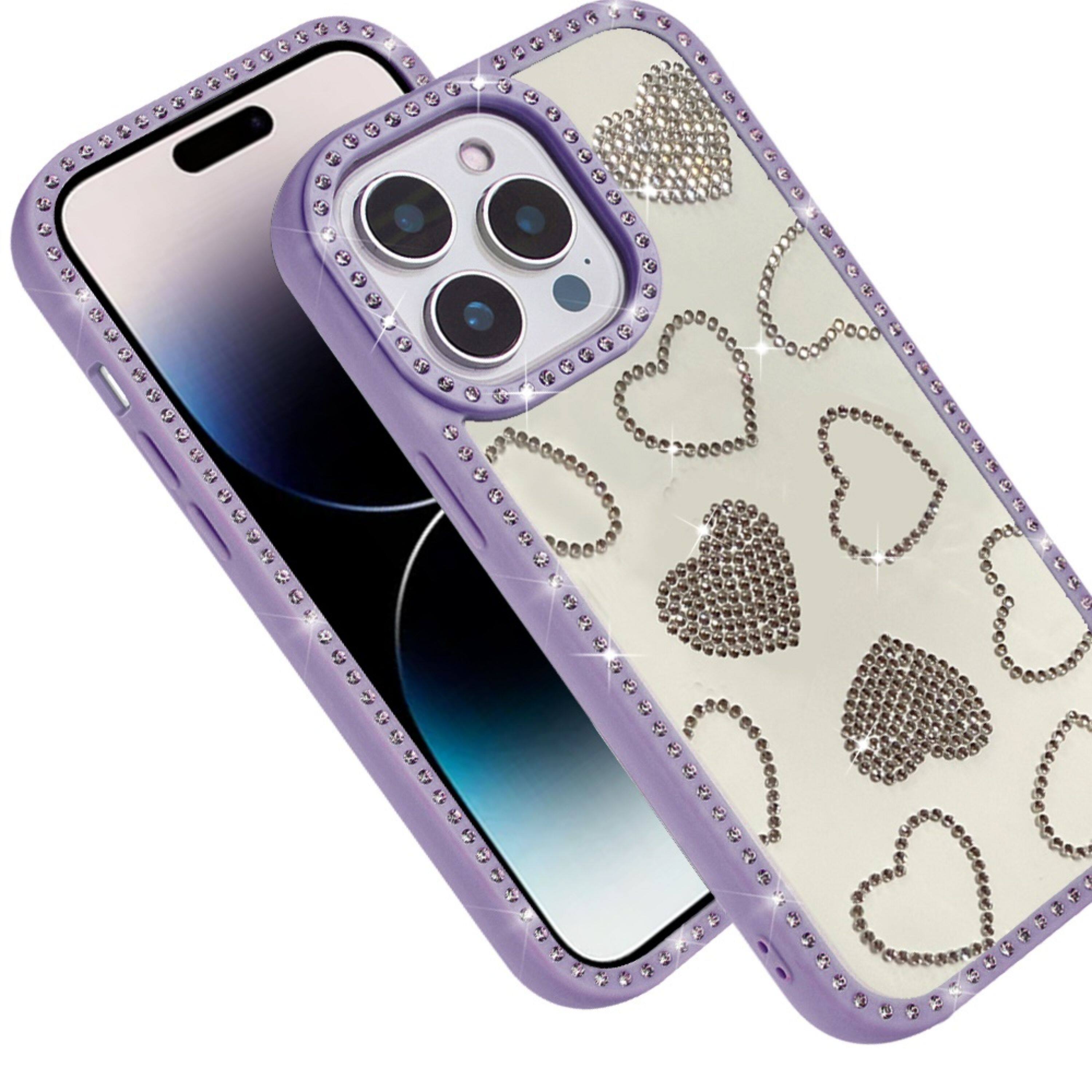 Left. Kitcheniva - Rhinestone Hearts With Bling Around Trim Case For iPhone 14 Pro Max Purple - Purple.