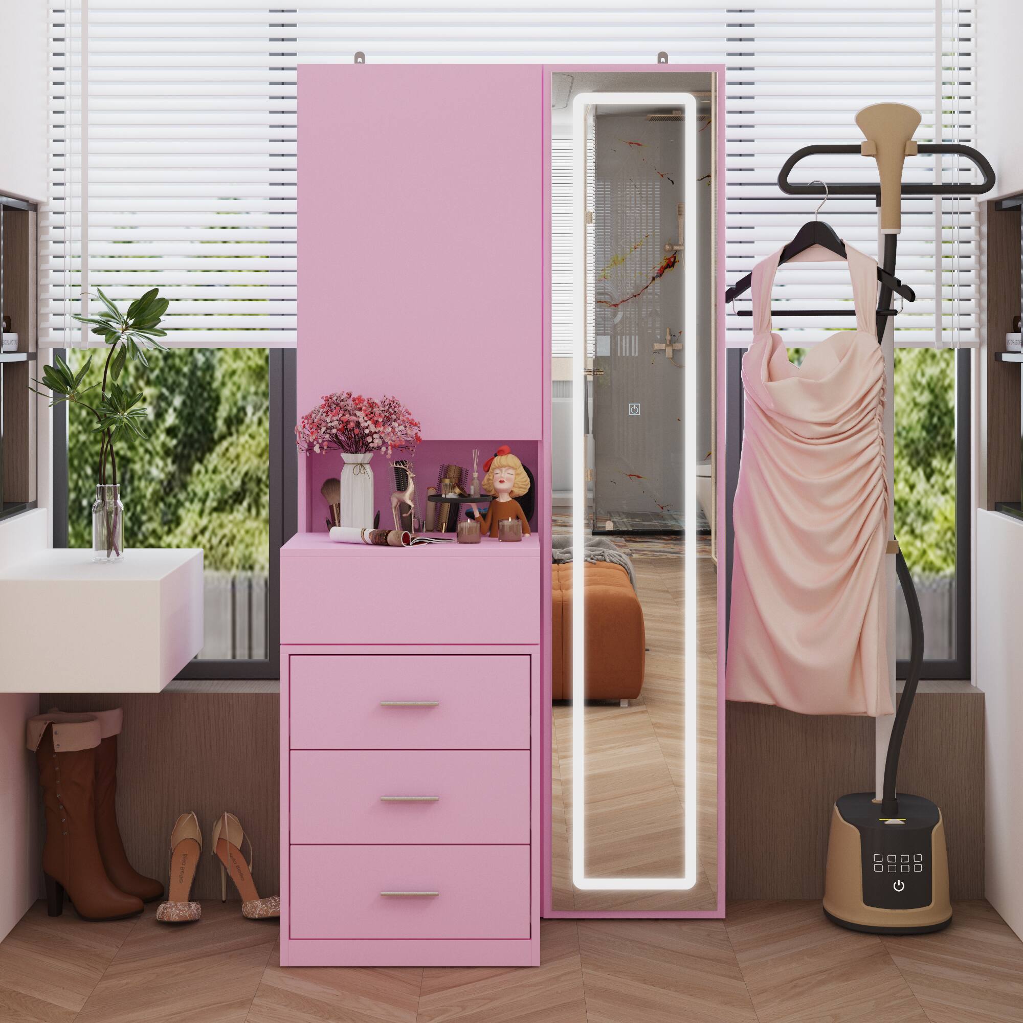 Alt View 1. Famapy - Pink Vanity with LED Full-Length Mirror, Sliding Top Storage & Drawers, Makeup Organizer for Bedroom - Pink.