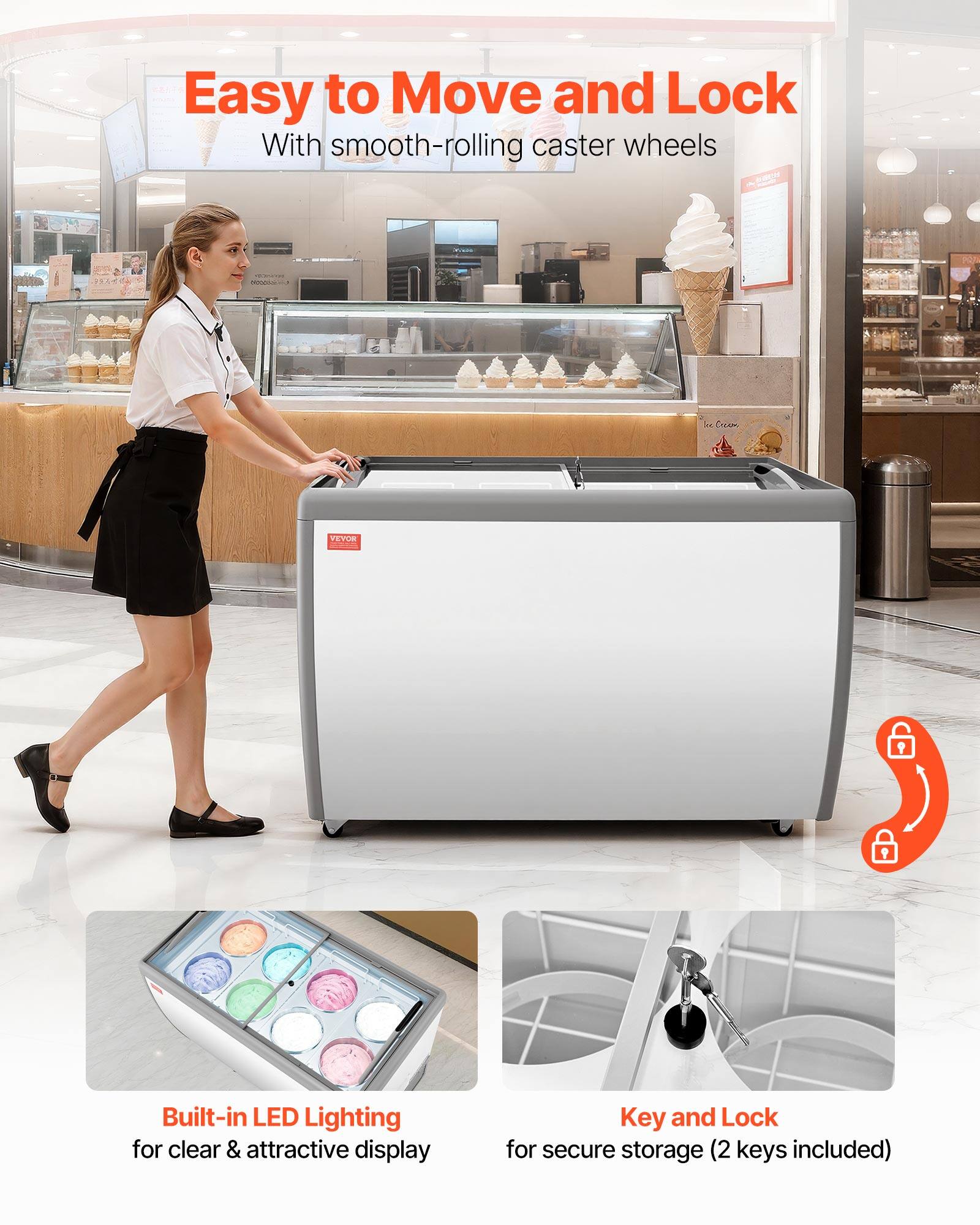 Easy to Move and Lock  
With smooth-rolling caster wheels  

Built-in LED Lighting for clear & attractive display  

Key and Lock for secure storage (2 keys included)