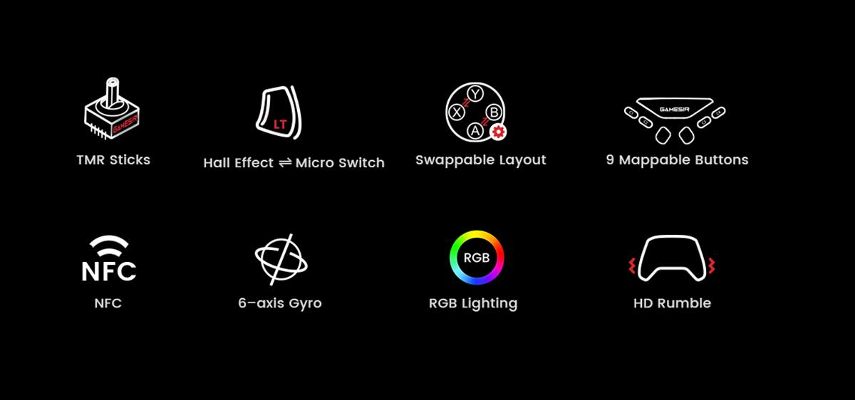 The text on the image can be grouped and corrected as follows:

1. Sticks: Hall Effect Micro Switch swappable Layout
2. Mappable Buttons: 9 Mappable Buttons
3. NFC: NFC
4. Gyro: 6-axis Gyro
5. RGB: RGB Lighting
6. Rumble: HD Rumble