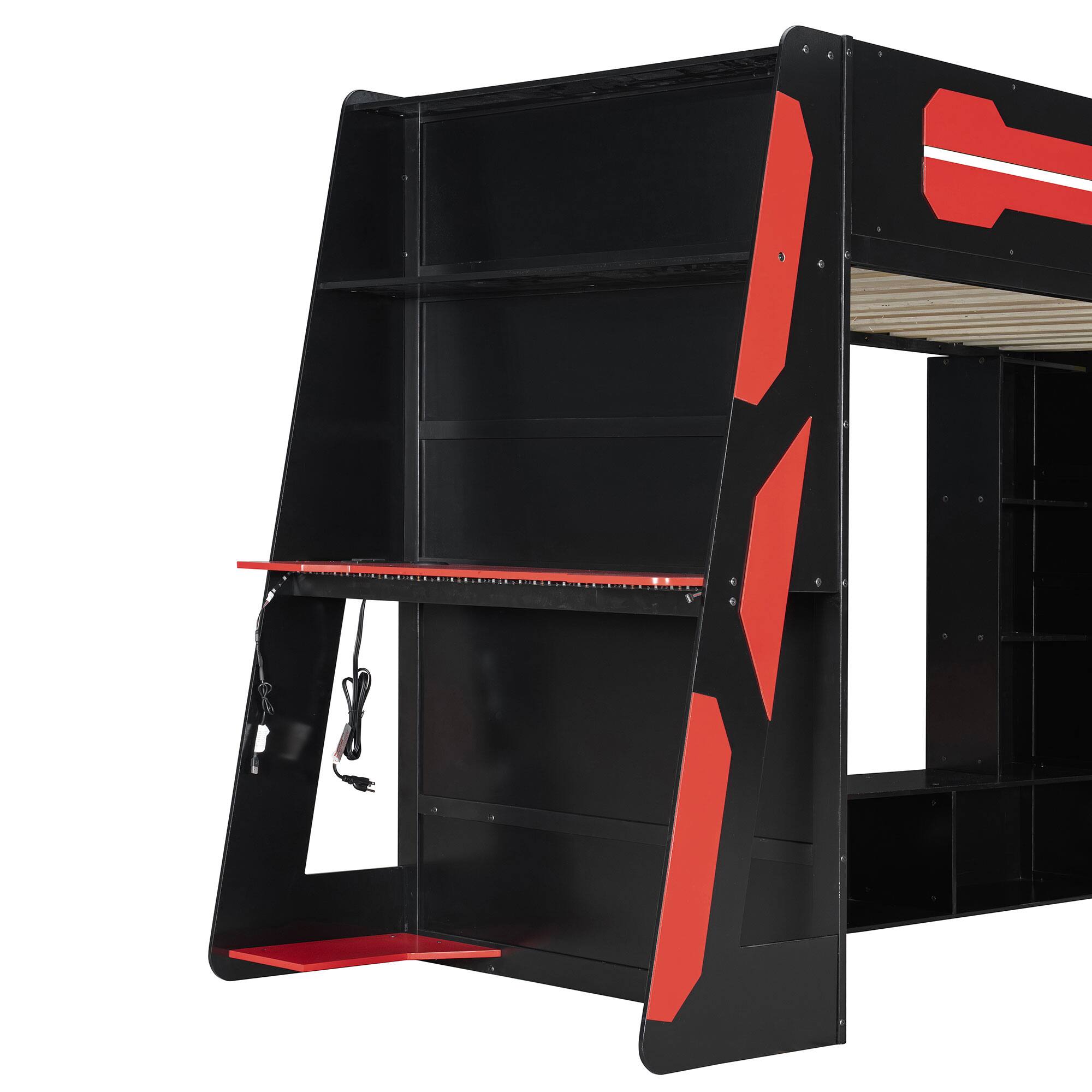 Alt View 5. Anysun - Twin Size Wood Loft Bed with Desk, Multi-storage Shelves and RGB Light - Red.