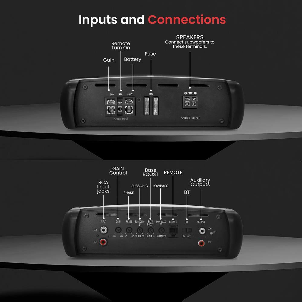 Inputs and Connections

- Remote Turn On
- Fuse
- Gain
- Battery
- SPEAKERS
  - Connect subwoofers to these terminals.
- POWER INPUT
- SPEAKER OUTPUT
- GAIN Control
- Bass Control
- REMOTE BOOST
- RCA Input jacks
- SUBSONIC
- LOWPASS
- PHASE
- Auxiliary Outputs
- BT
- OUTPUT
- LOWPASS
- REMOTE BOOST
- SUB BASS
- PHASE
- INPUT
- GAIN
- PHASE
- SUBSONIC
- REMOTE BOOST
- BT
- OUTPUT