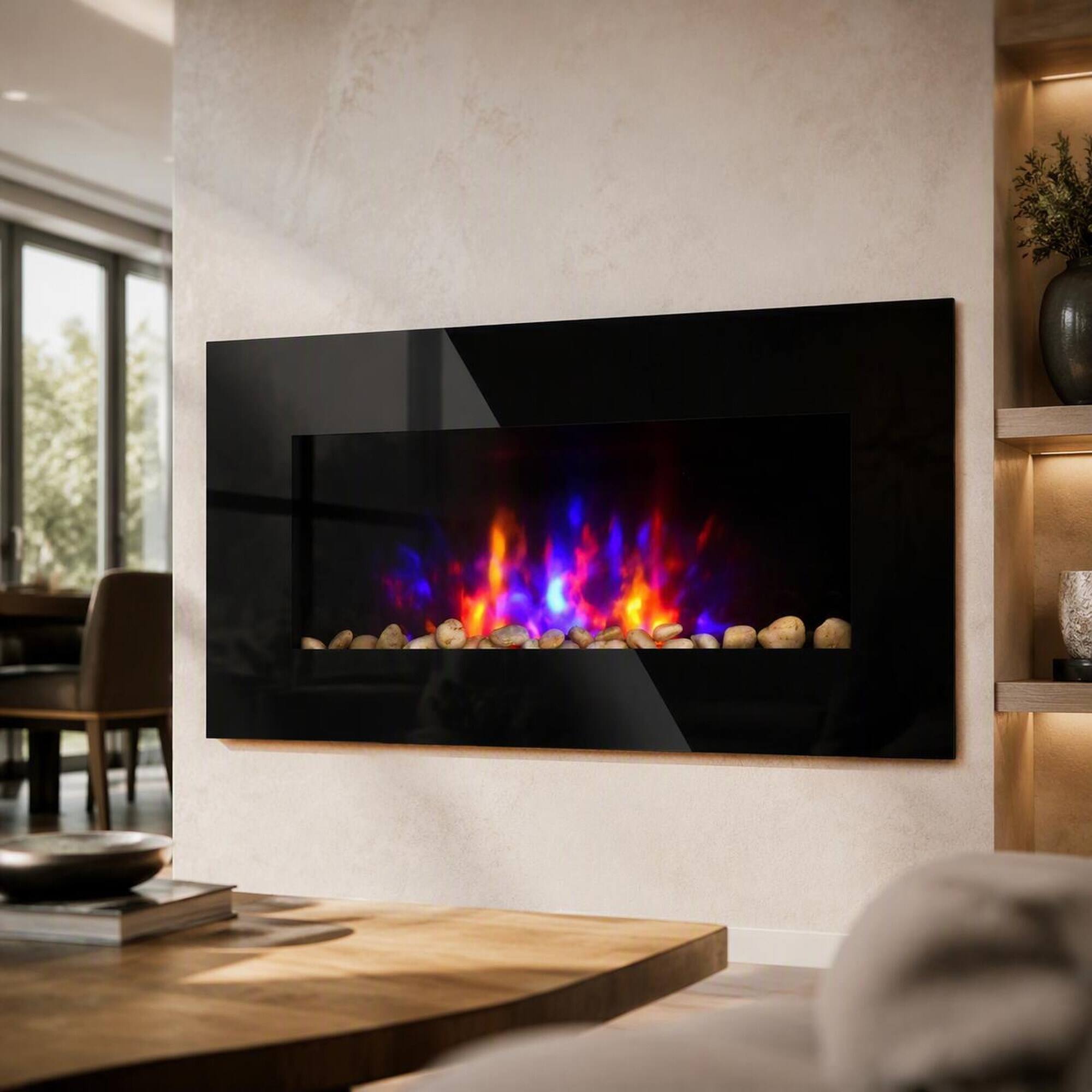 Front. RYHNUYNE - 7 Color Background Light Wall Mounted Electric Fireplace, Realistic Flame Effect For Modern Home Ambience Decor - Black.