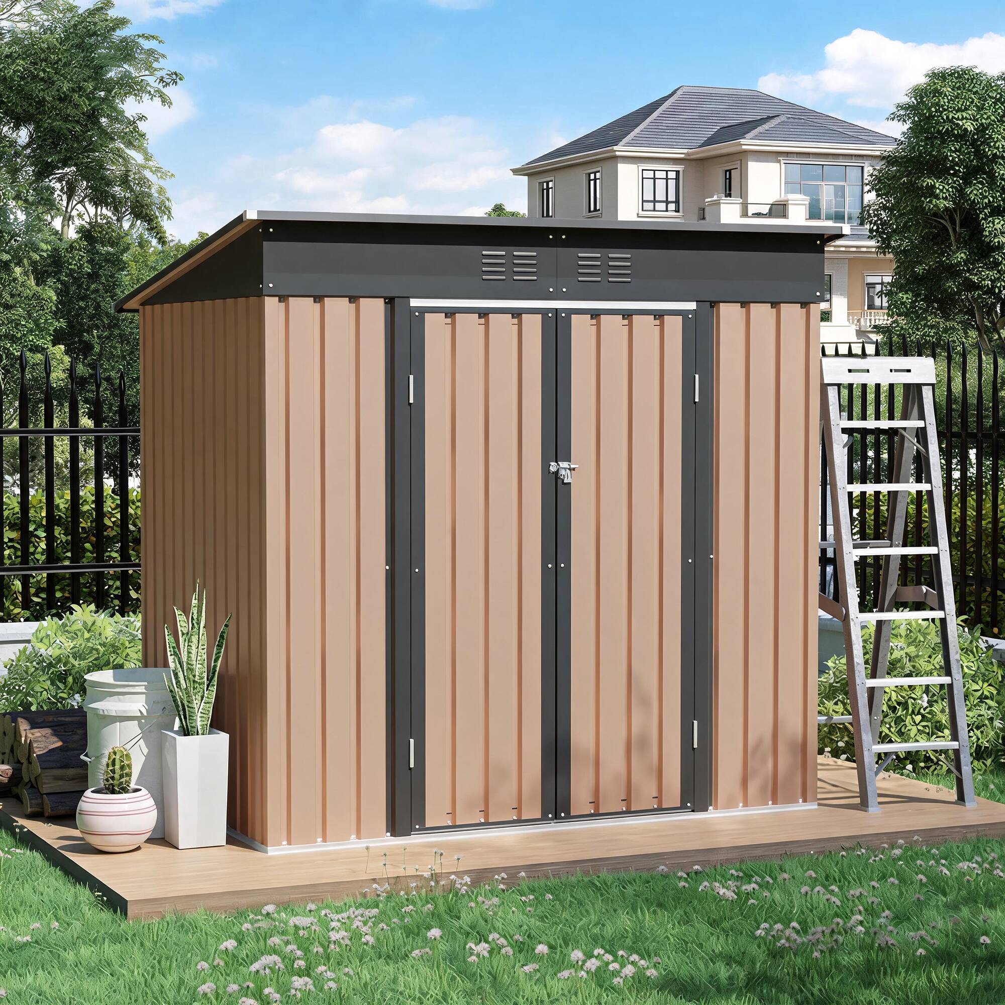 Left. Loheer - Loheer 6x4 FT Metal Garden Shed Pent Roof Brown Outdoor Storage Shed with Hinge Door for Patio Backyard.