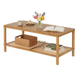 Costway - 2-Tier Boho Coffee Table for, Rectangular Center Table with Rubber Wood Frame - Brown