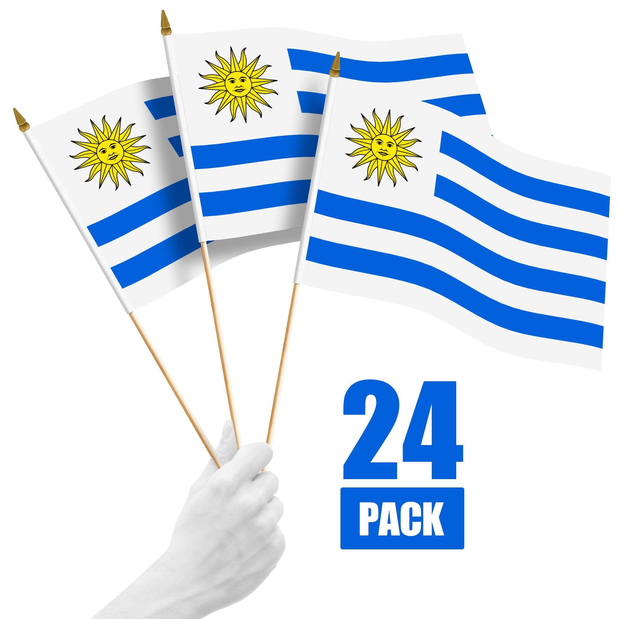 Front. G128 - 24 Pack Uruguay Handheld Stick Flags, 12 x 18 in, 150D Polyester, Wooden Stick with Gold Spear Tip. - Assorted Colors.