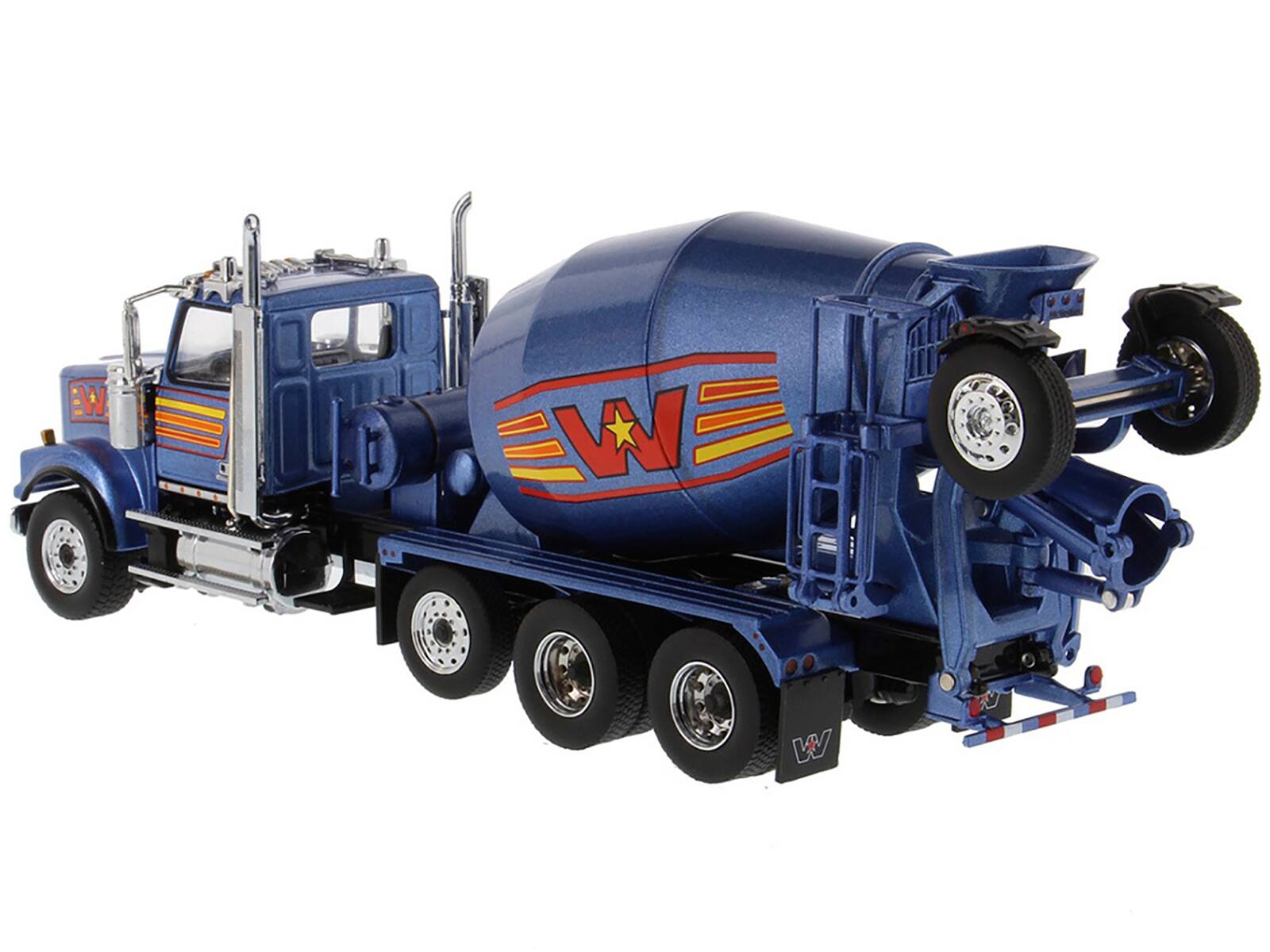 Left. Diecast Masters - Western Star 4900 with Bridgemaster McNeilus Mixer Blue Metallic Transport Series 1/50 Diecast Model Diecast Masters - Metallic Blue.