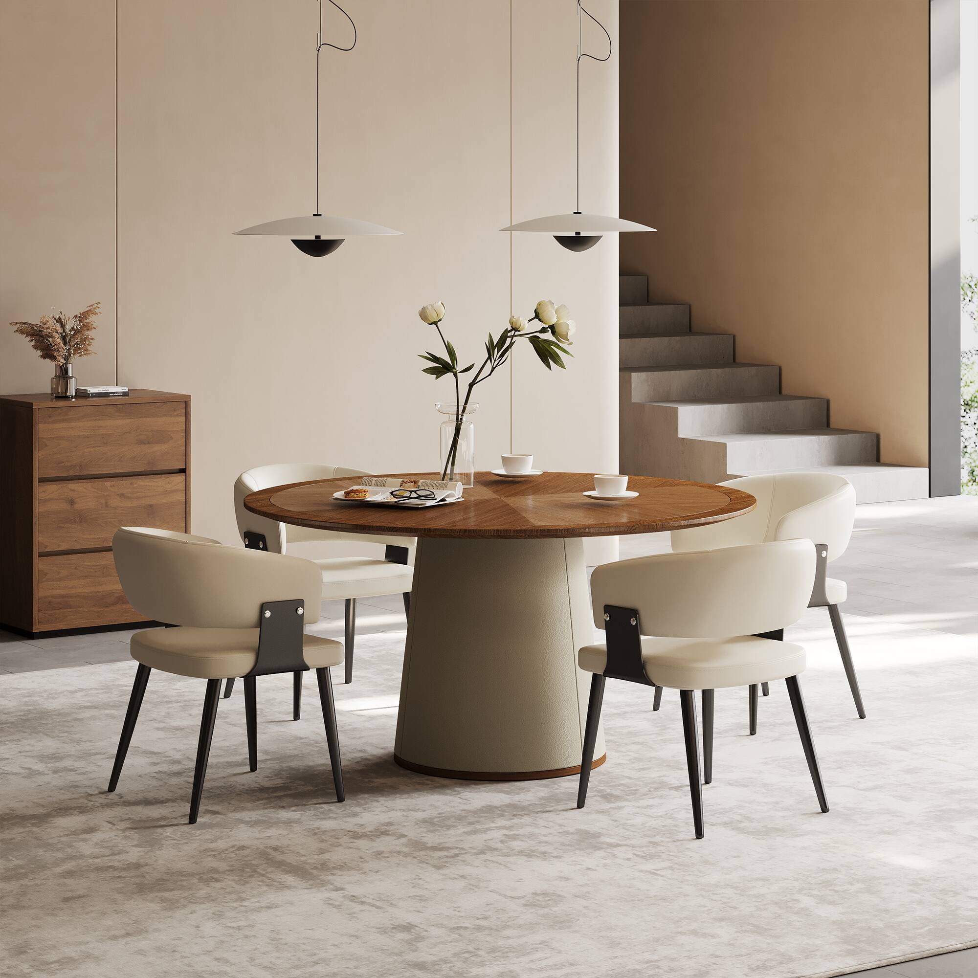 Angle. luck idea - 59.05" Round dining table, suitable for 6-8 people,Modern Mid-Century Kitchen Dinner Tables - Walnut color.