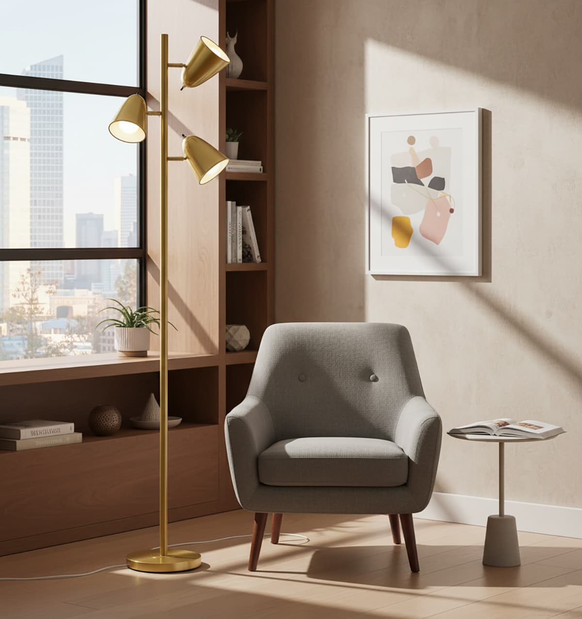 Alt View 3. FINEAK - 3-Light Tree Floor Lamp - Brushed Gold Tall Standing Pole Lamp with 3 Adjustable Arms | Reading Lamp - Brushed.