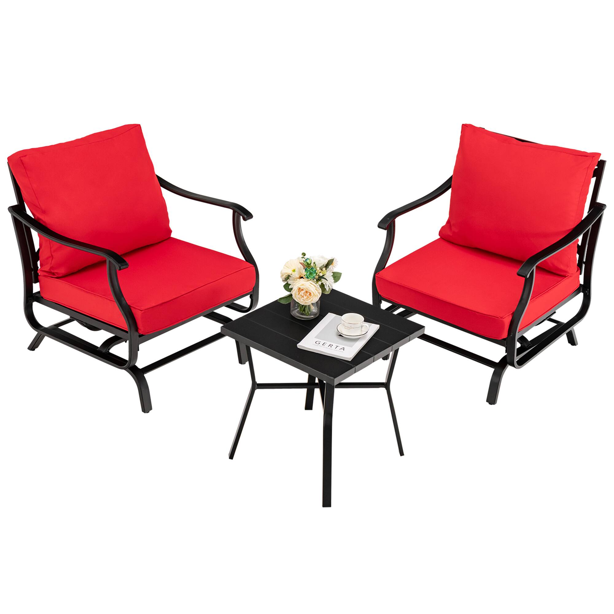 Alt View 1. Gymax - Gymax 3PCS Outdoor Rocking Chair Set Patio Conversation Bistro Set w/ Red Cushions - Red.