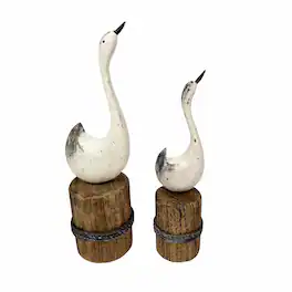 Things2Die4 - Distressed Wood Swan Statues Set of 2 Nautical Dock Piling Shelf Decor - White