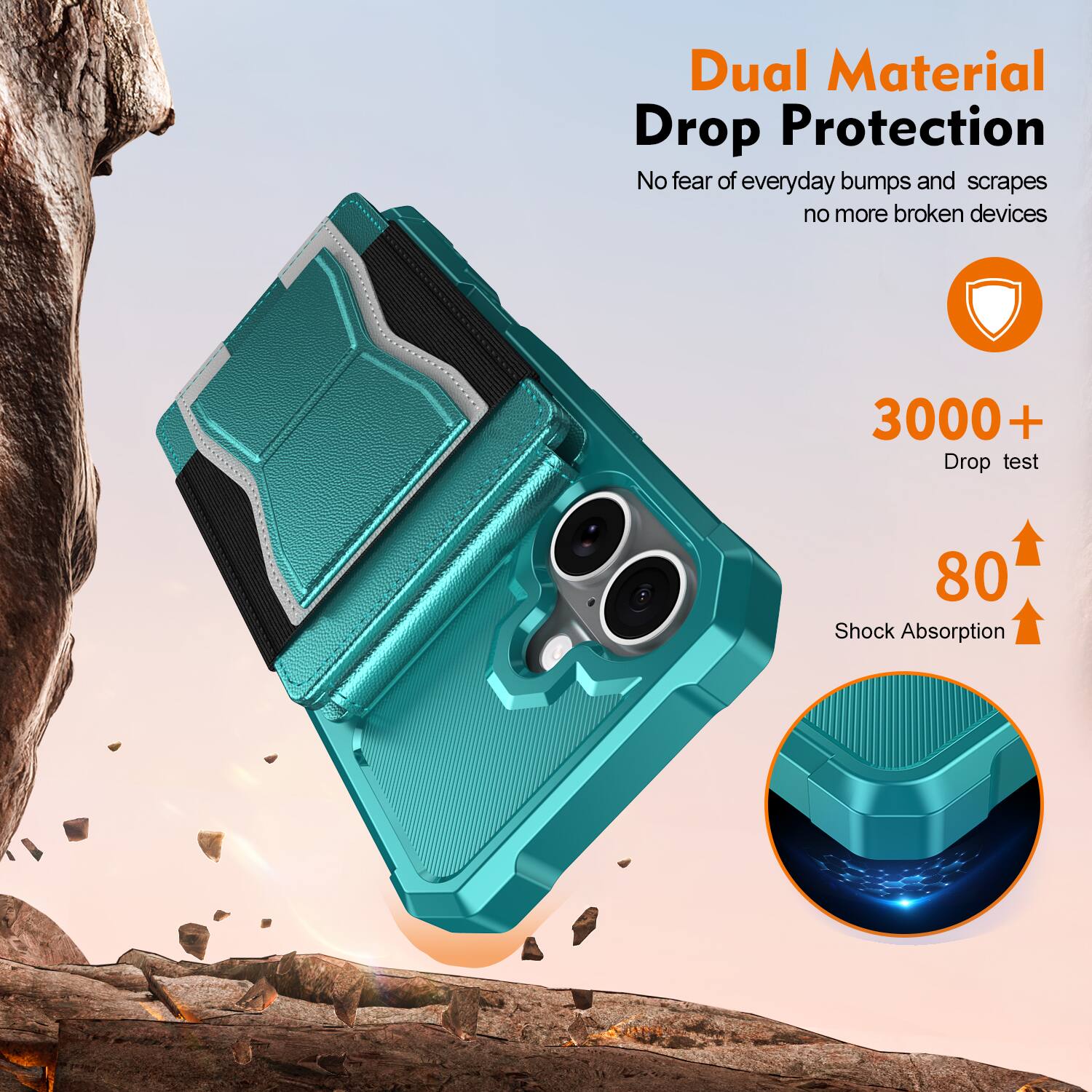 Dual Material Drop Protection  
No fear of everyday bumps and scrapes, no more broken devices  

3000+ Drop test  
80 Shock Absorption