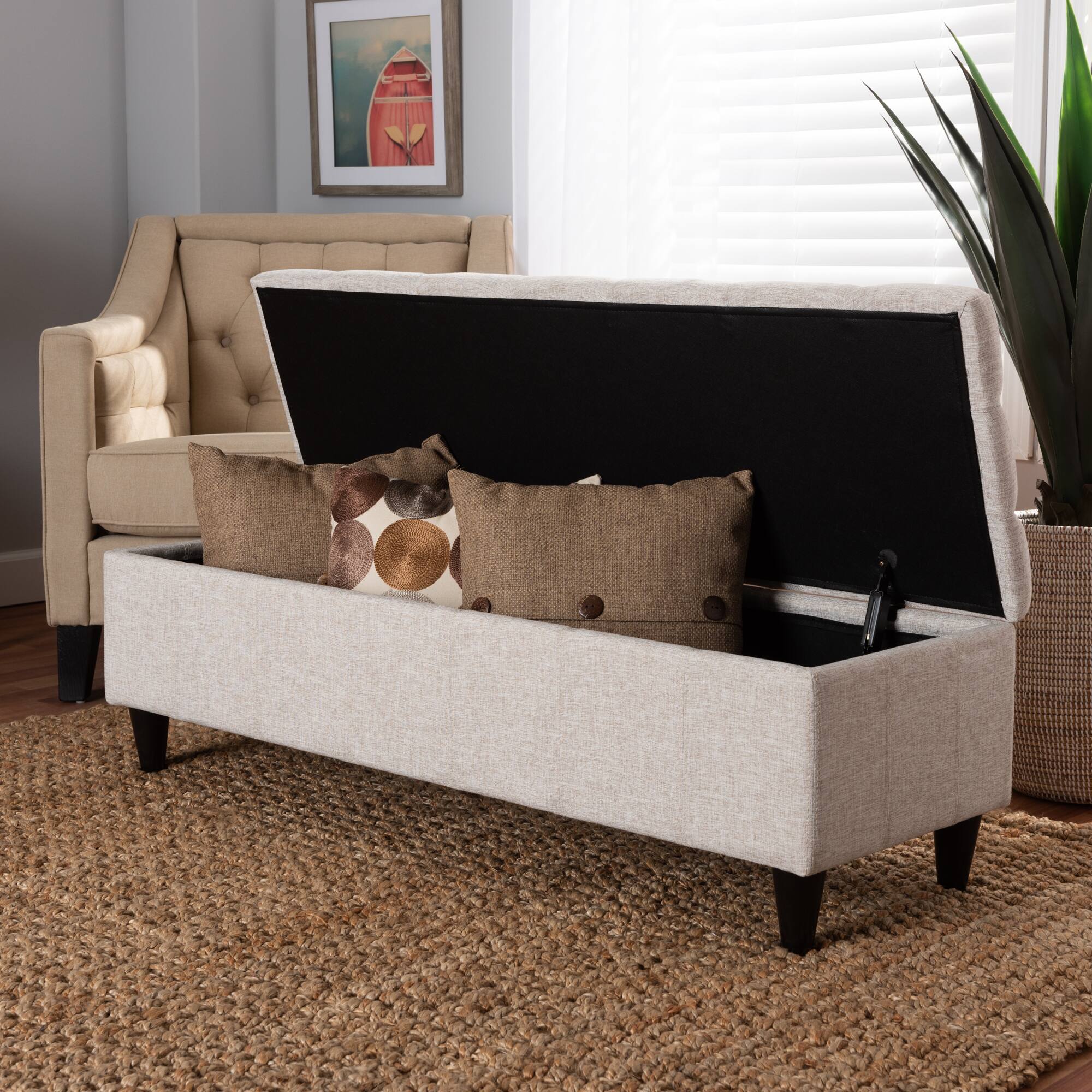 Alt View 4. Baxton Studio - Brette Mid-Century Modern Fabric Upholstered Finished Wood Storage Bench Ottoman - Beige/Dark Brown.