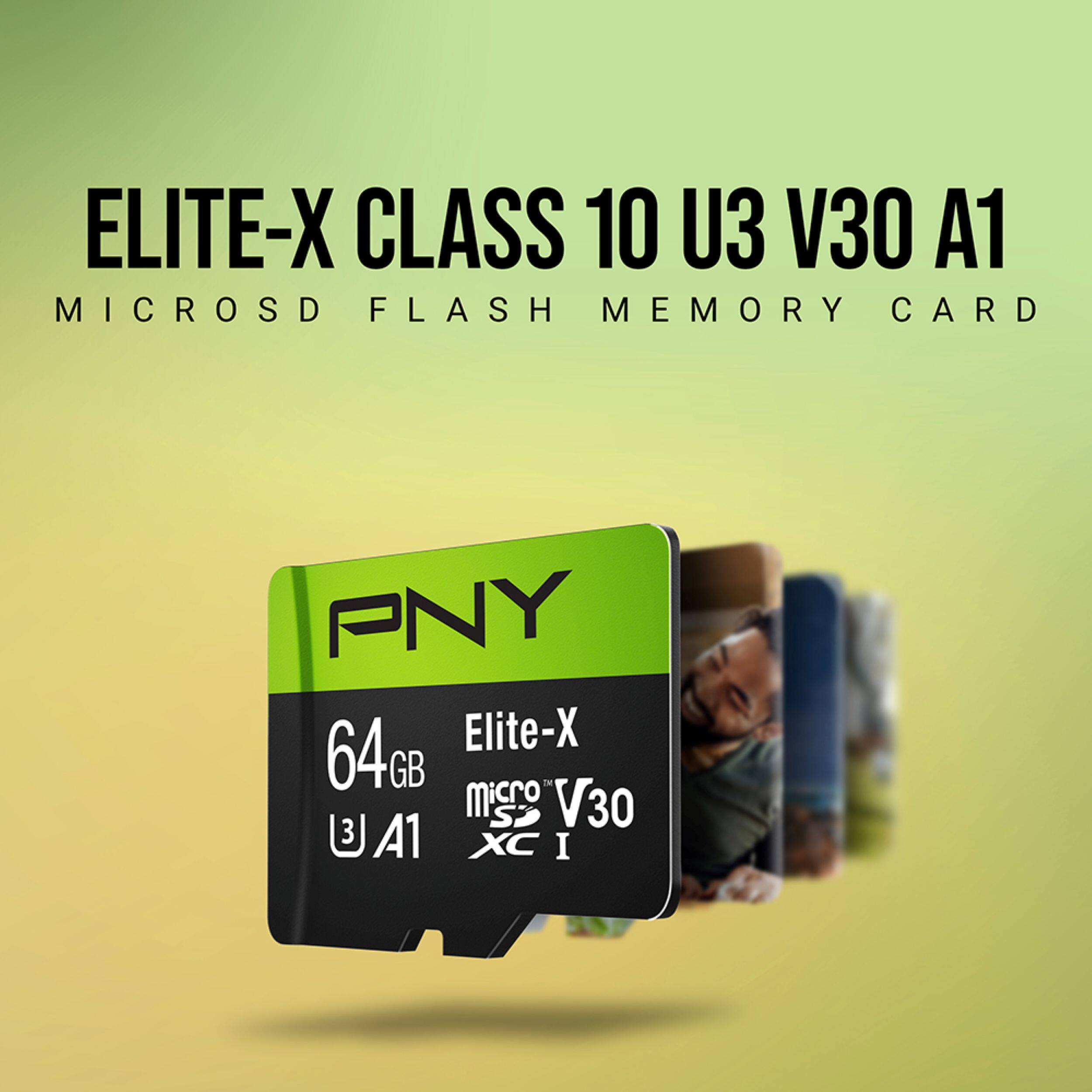 ELITE-X CLASS 10 U3 V30 A1 MICROSD FLASH MEMORY CARD

PNY 64GB Elite-X microSDXC I