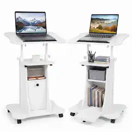 Costway - 2 PCS Mobile Podium Stand Office Laptop Cart with Storage Adjustable Height - White