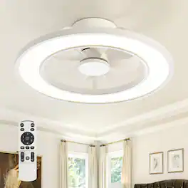 Breezary - 20-Inch Caged Flush Mount Ceiling Fan with Acrylic Shade, Tunable LED, 6-Speed Remote, Timer, DC Motor - 20-Inch White Ceiling Fan