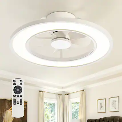 Front. Breezary - 20-Inch Caged Flush Mount Ceiling Fan with Acrylic Shade, Tunable LED, 6-Speed Remote, Timer, DC Motor - 20-Inch White Ceiling Fan.