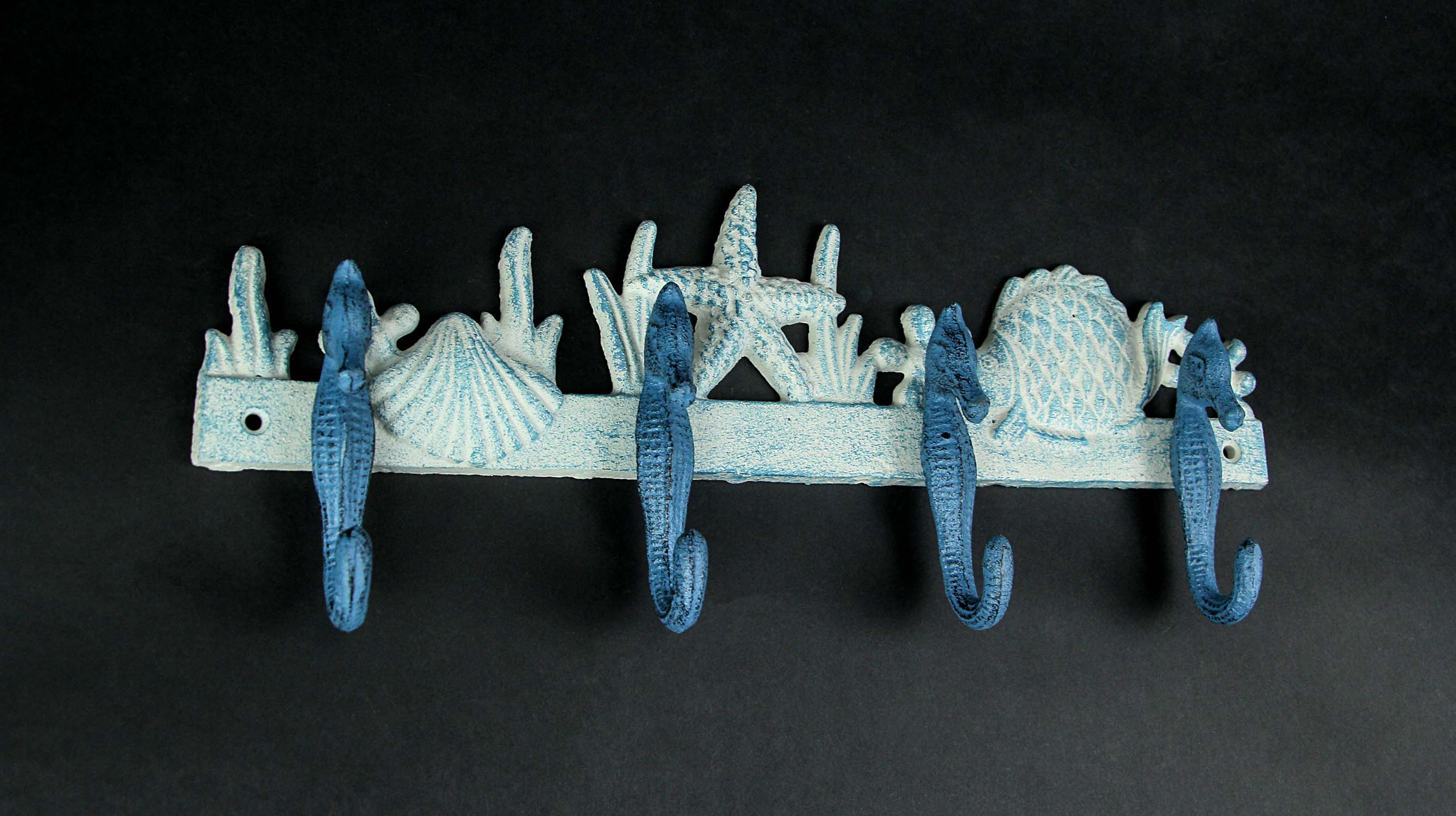 Alt View 2. Zeckos - Blue/White Cast Iron Seahorses Decorative Wall Hook Hanging Towel or Coat Rack - Blue.
