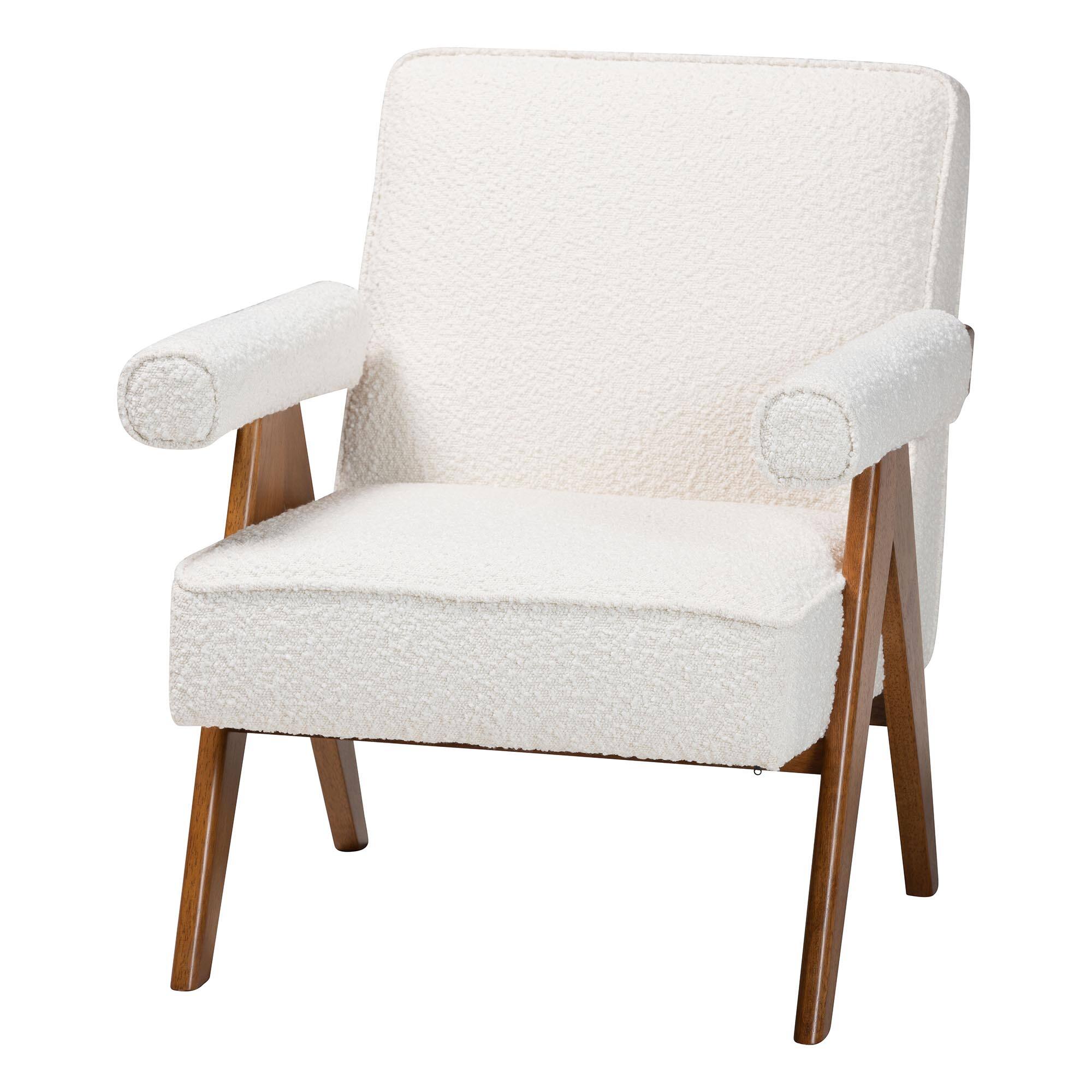 Front. Baxton Studio - Georgina Japandi Boucle and Walnut Wood Accent Chair - Cream/Walnut Brown.