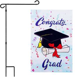 G128 - Garden Flag Stand and Double-Sided 12x18 in Flag - Happy Graduation Cap Design - Multicolor