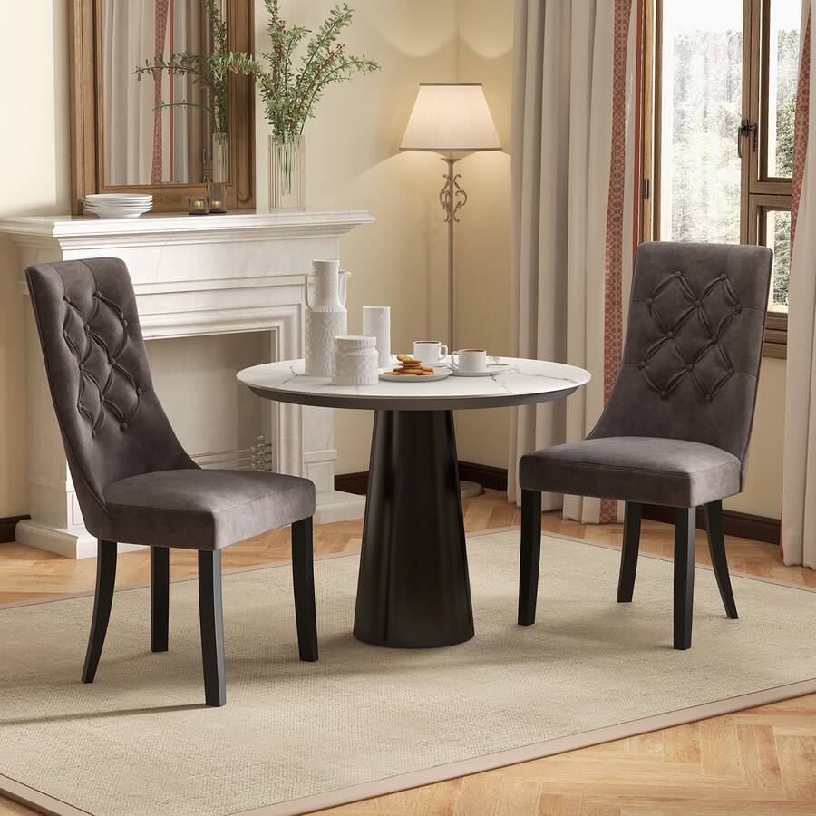 Gymax Tufted Dining Chairs Set of 2 w/ High Backrest Rubber Wood Legs ...