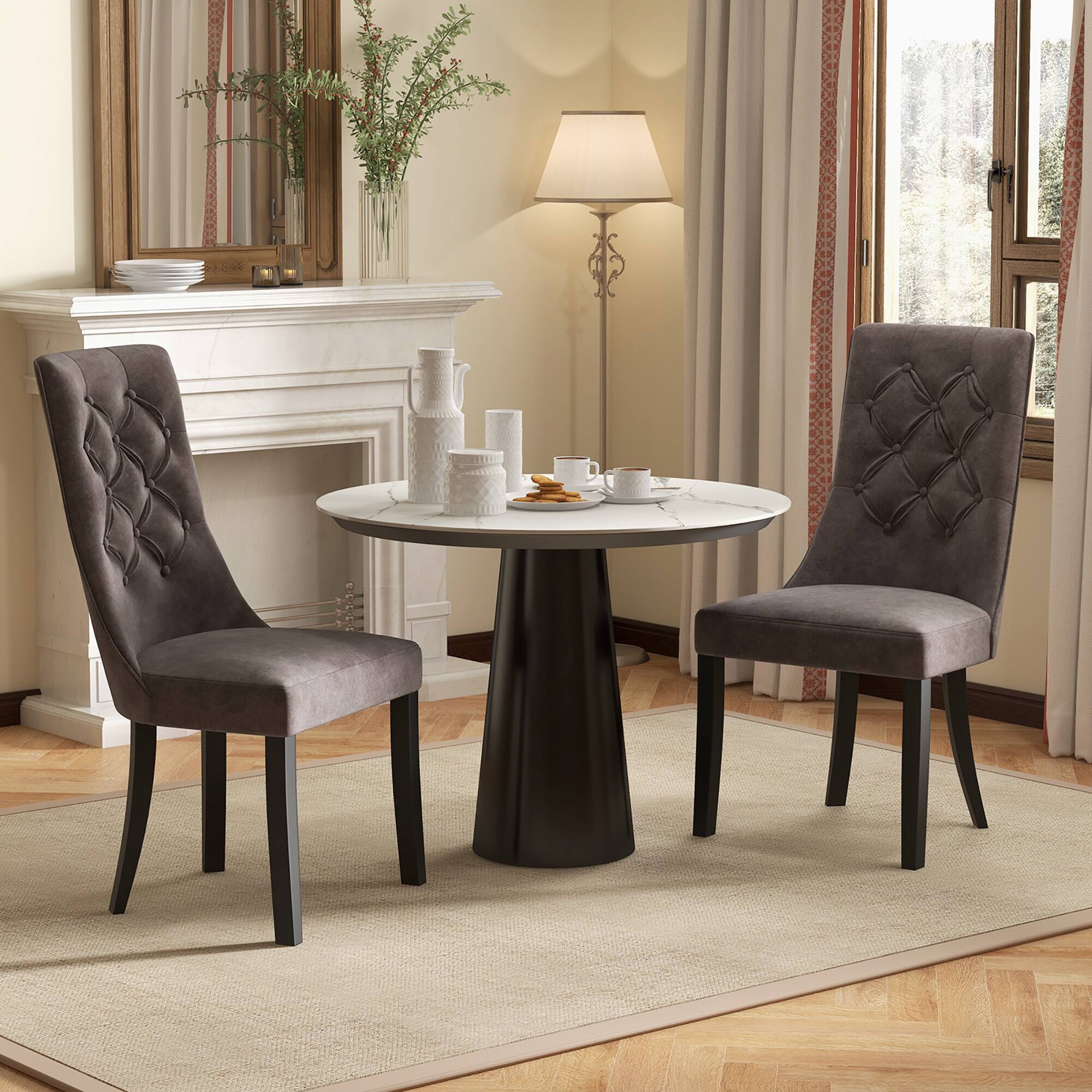 Alt View 1. Gymax - Gymax Tufted Dining Chairs Set of 2 w/ High Backrest Rubber Wood Legs Padded Seat - Light Gray.