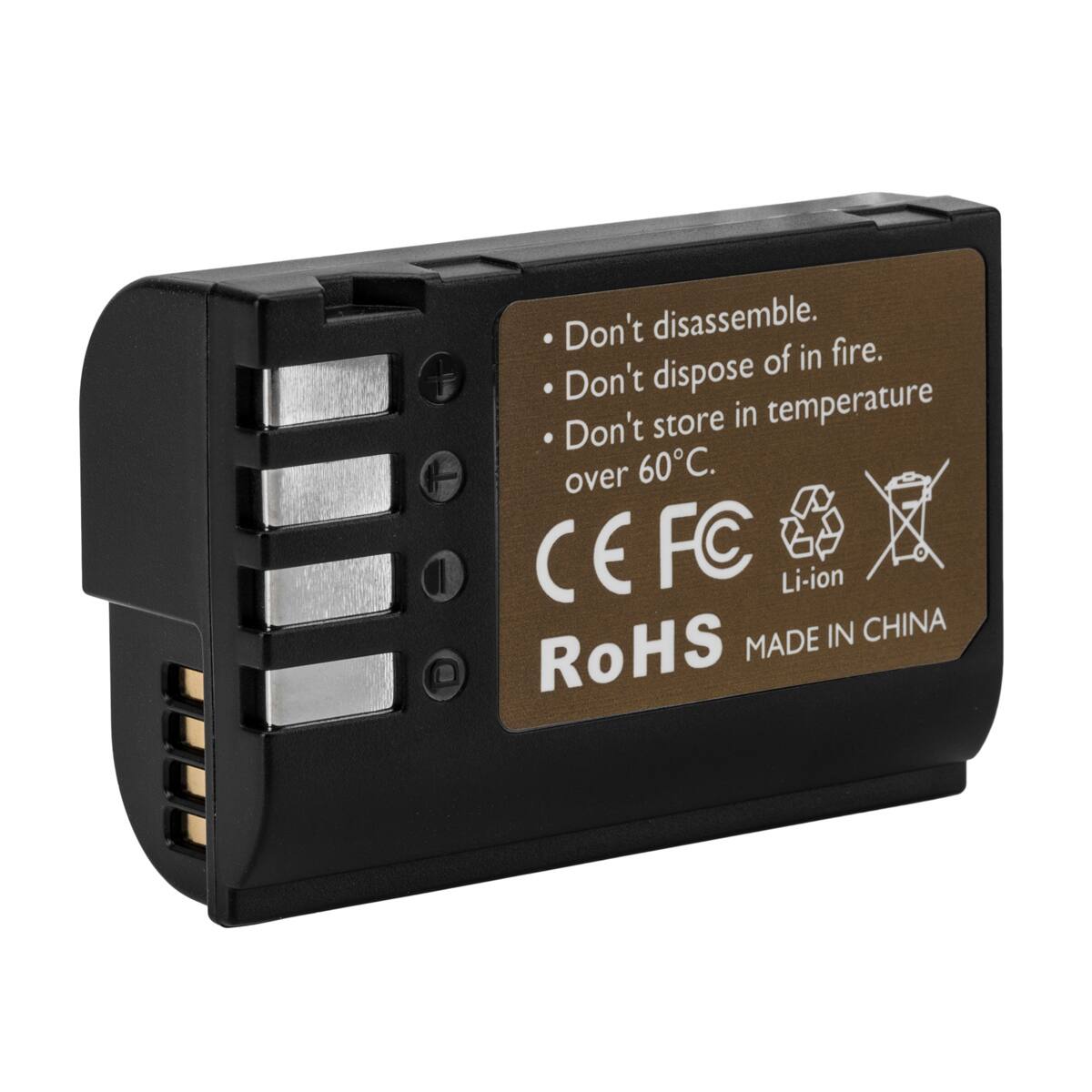 Don't disassemble. Don't dispose of in fire. Don't store in temperature over 60°C. CE FC Li-ion RoHS MADE IN CHINA