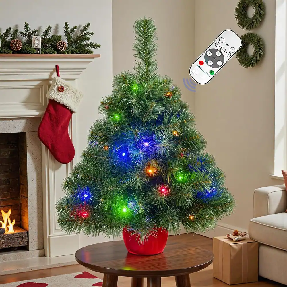 RTMB - 2FT Pre-Lit Mini Christmas Tree with Warm White & Multi-Color LED Lights, Remote Control, Timer for Tabletop Decor - Multi-Colored