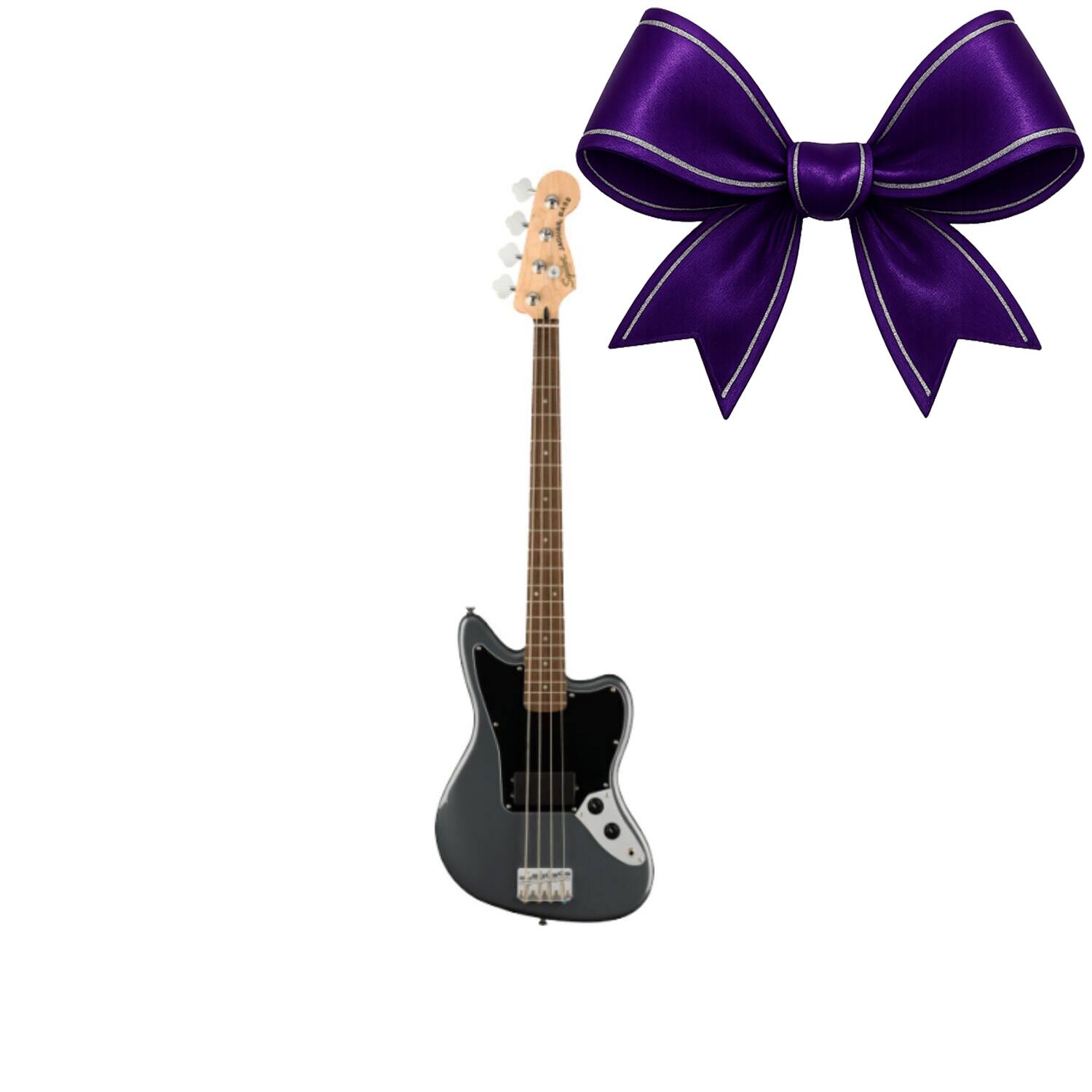 Front. Fender - Squier Affinity Series Jaguar Bass H, Laurel Fingerboard, Black Pickguard, Charcoal Frost Metallic.