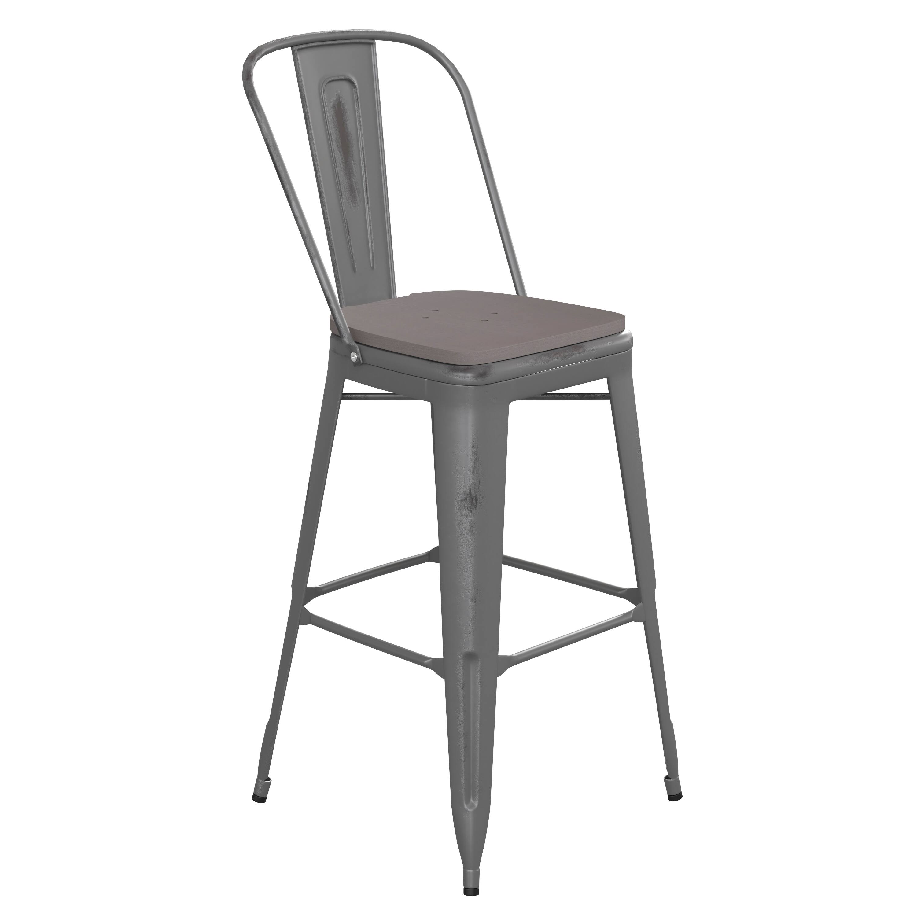Alt View 1. Emma + Oliver - Grant Clear Coated Metal Stool with Backrest and Polyresin Seat for Indoor Use Only - Gray Seat/Clear Coated Frame.
