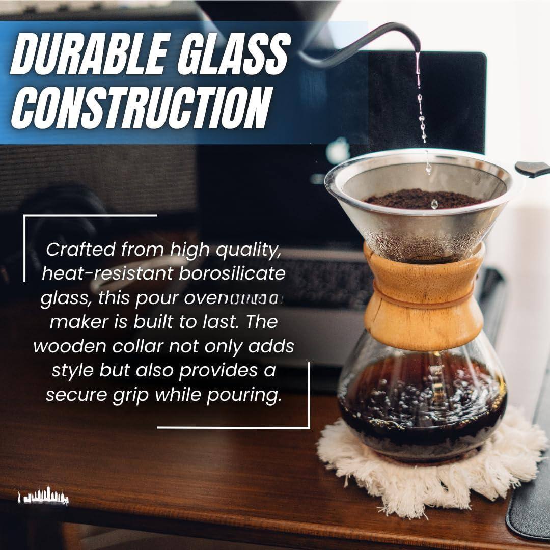 DURABLE GLASS CONSTRUCTION

Crafted from high quality, heat-resistant borosilicate glass, this pour over maker is built to last. The wooden collar not only adds style but also provides a secure grip while pouring.