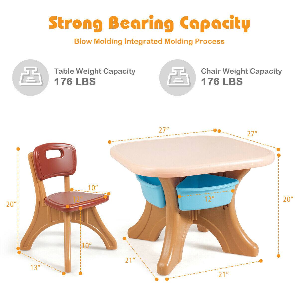 Strong Bearing Capacity  
Blow Molding Integrated Molding Process  

Table Weight Capacity: 176 LBS  
Chair Weight Capacity: 176 LBS  

Dimensions:  
- Table: 27" x 27"  
- Chair: 20" x 10" x 12"  
- Storage Bin: 12" x 20" x 10"  
- Overall: 13" x 21" x 21"