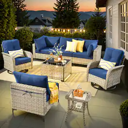Ovios - 8 PCS Sectional Patio Furniture, Comfy Cushioned Sofa with Swivel Chairs & Coffee Table - Navy Blue