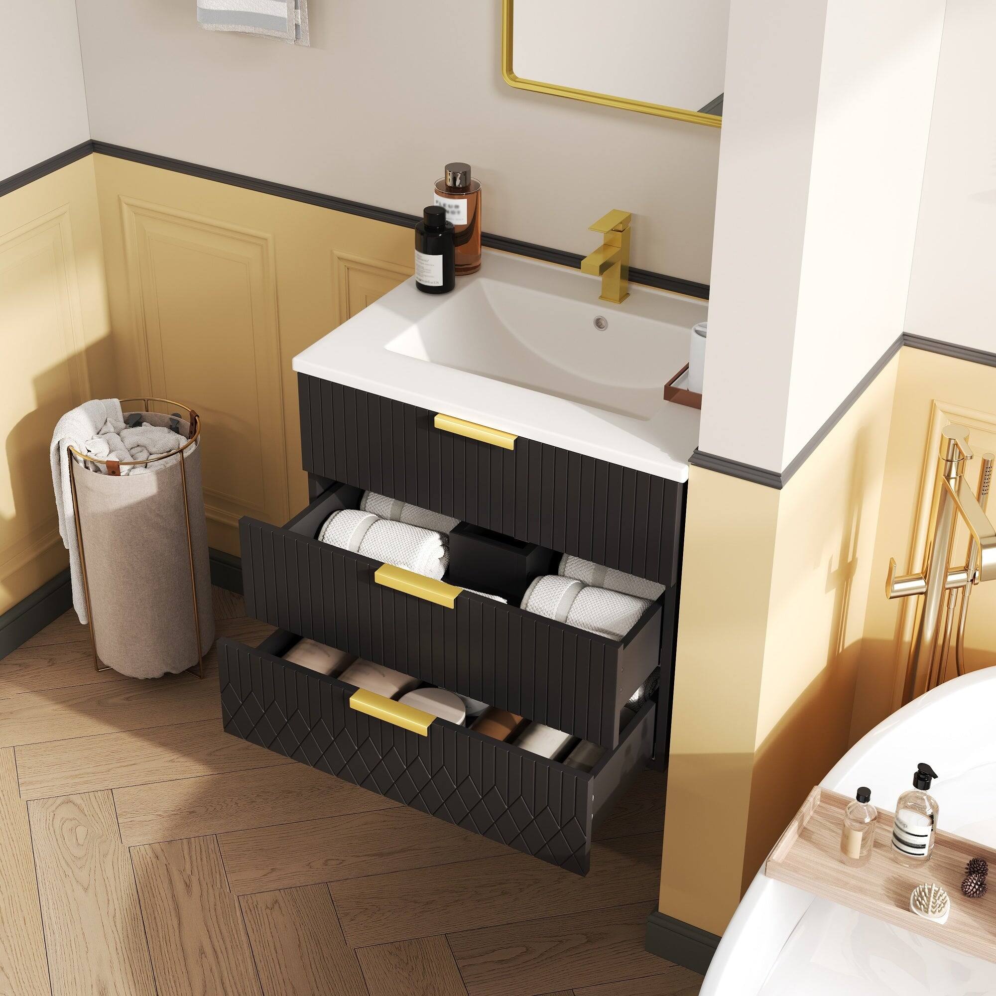 Alt View 2. Boyel Living - 24 Inch Wall Mounted Bathroom Vanity with Ceramic Sink and Double Drawers Black - Black.