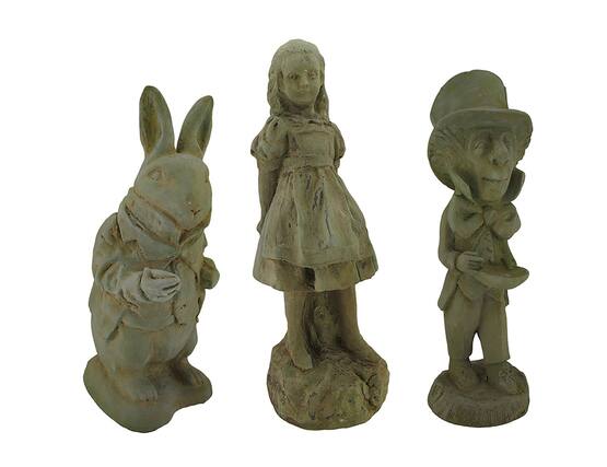 Front. Zeckos - 3 Pc. Adventures in Wonderland Alice White Rabbit & Mad Hatter Statue Set-CEMENT - Green.
