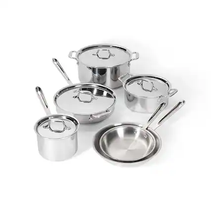 Front. All Clad - All-Clad 10pc Stainless Steel Cookware Set, 3-Ply Bonded, Silver - Silver.