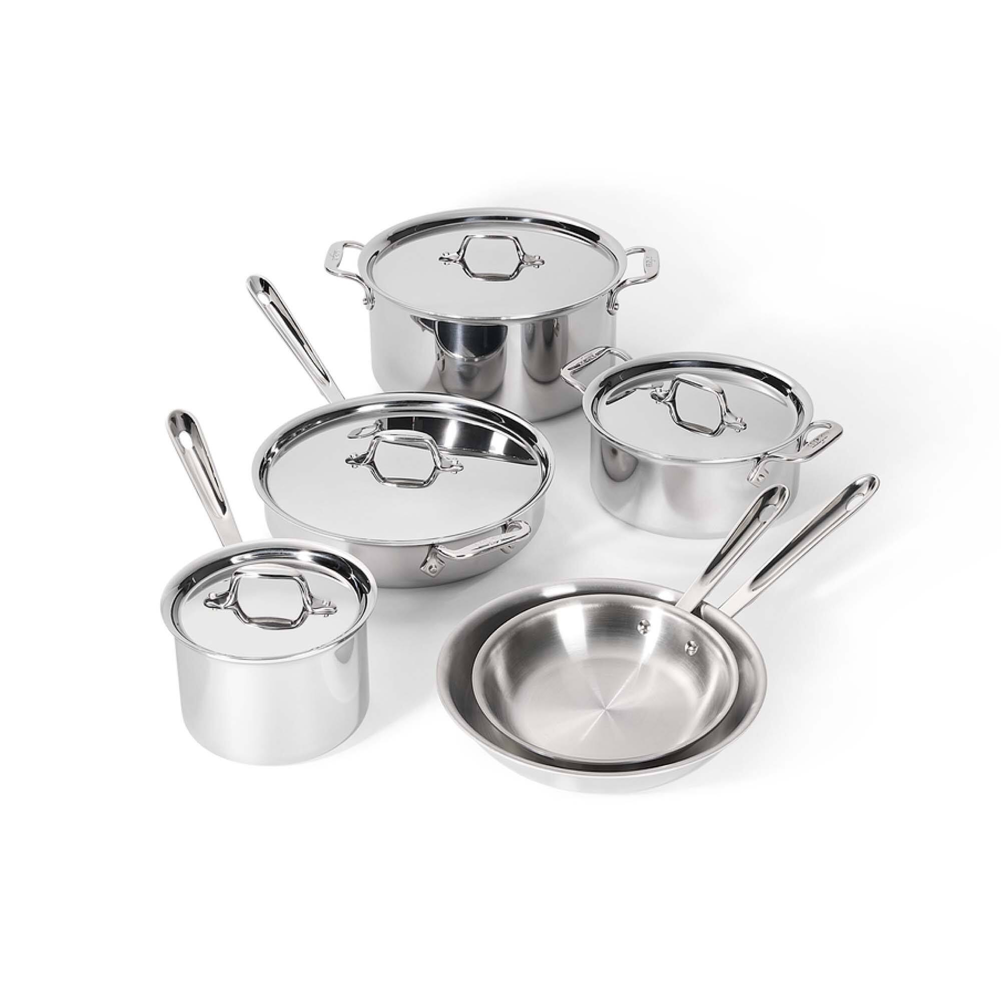 Front. All Clad - All-Clad 10pc Stainless Steel Cookware Set, 3-Ply Bonded, Silver - Silver.