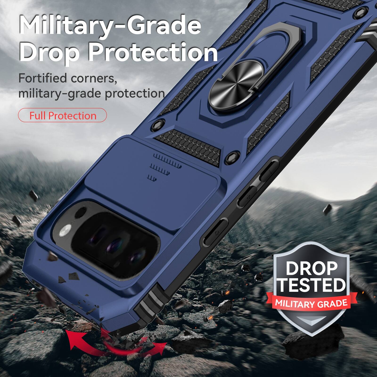 Military-Grade Drop Protection  
Fortified corners, military-grade protection  
Full Protection  

DROP TESTED MILITARY GRADE