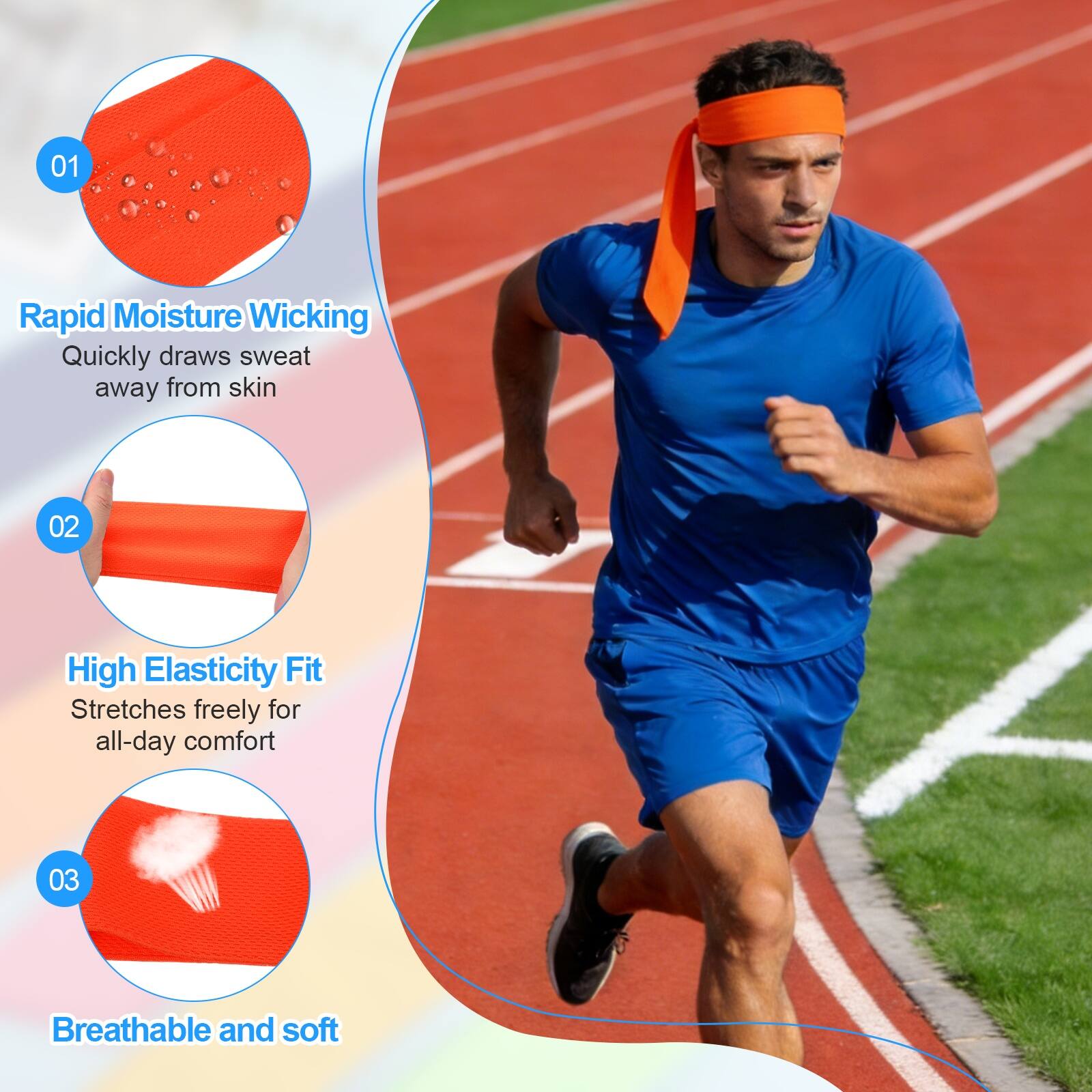 01 Rapid Moisture Wicking: Quickly draws sweat away from skin  
02 High Elasticity Fit: Stretches freely for all-day comfort  
03 Breathable and soft